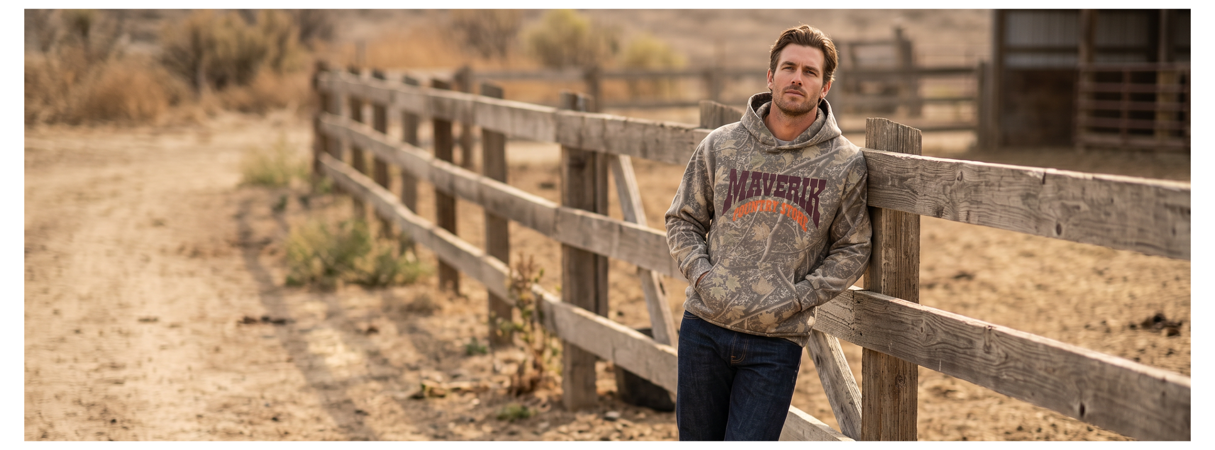 Cowboy with a Maverik camo hoodie that says Country Store with a western background